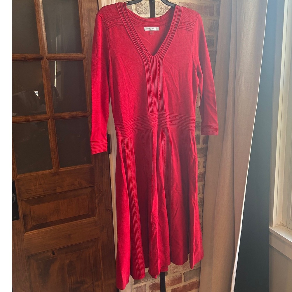 Danny and Nicole Sweater Dress Women Red V-Neck Fit Flare Holiday Modest L New